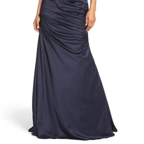 La Femme Navy Blue Embellished Lace & Satin Trumpet Gown - Picture 2 of 7